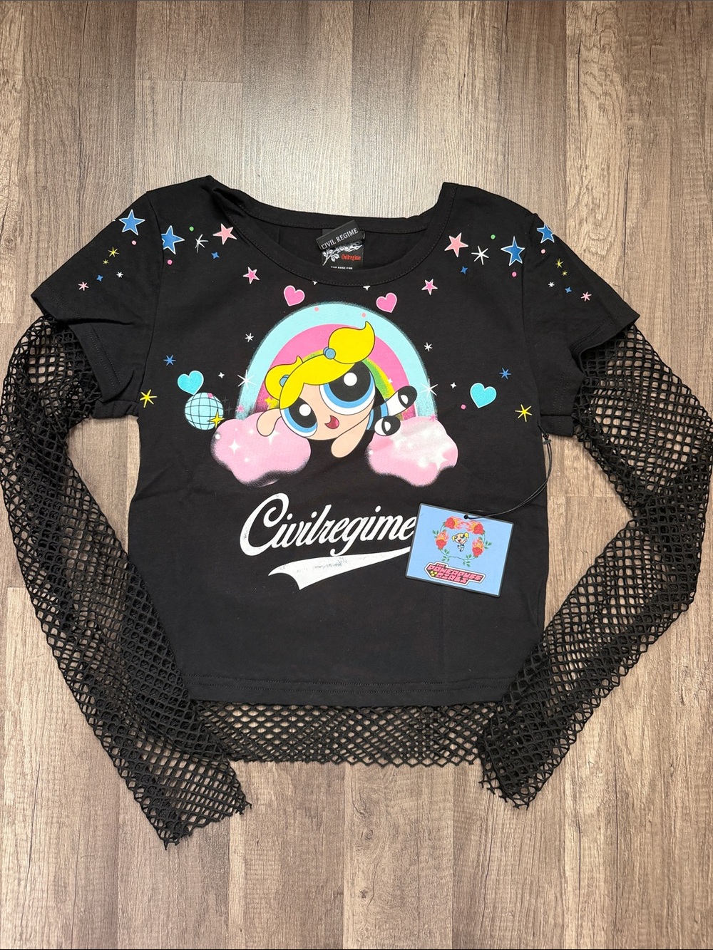 NWT CIVIL REGIME Black Powerpuff Graphic Mesh Sleeve Top